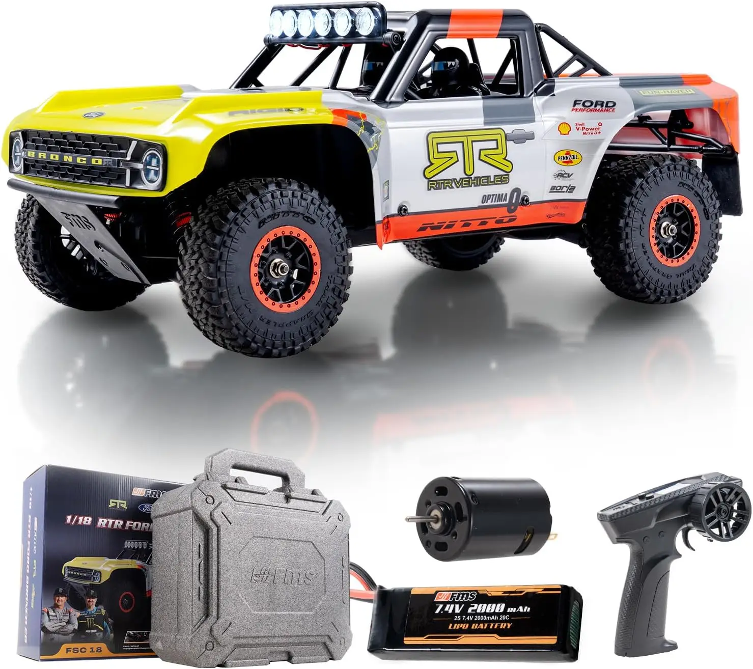1/18 Scale RC Truck 4x4 Short Course Off-Road Crawler, Ready-to-Run with LED Lights and Quick-Release Body, Brushed Version in Race Livery