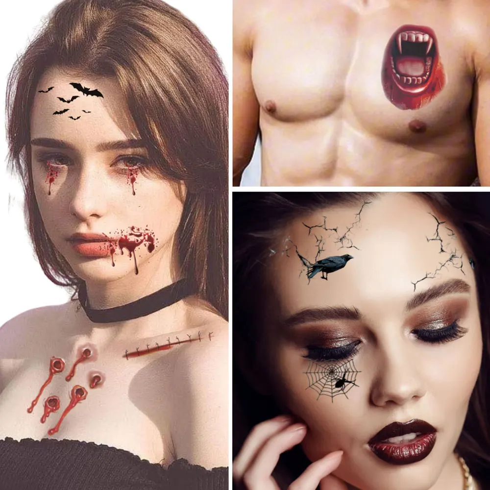 16pcs Scar Fake Tattoos for Face Body Scary Temporary Tattoos for Halloween Horror Wound Bloody DIY Makeup Tattoo Stickers