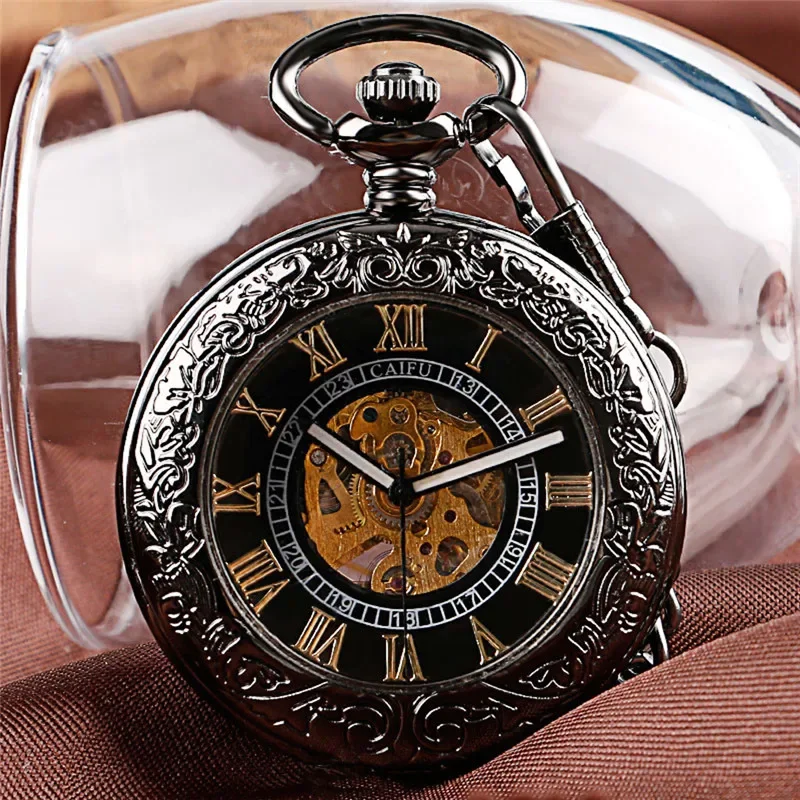 Retro Vintage Men Women Automatic Mechanical Pocket Watch Unisex Skeleton Clock Luminous Hands with FOB Pendant Chain Reloj