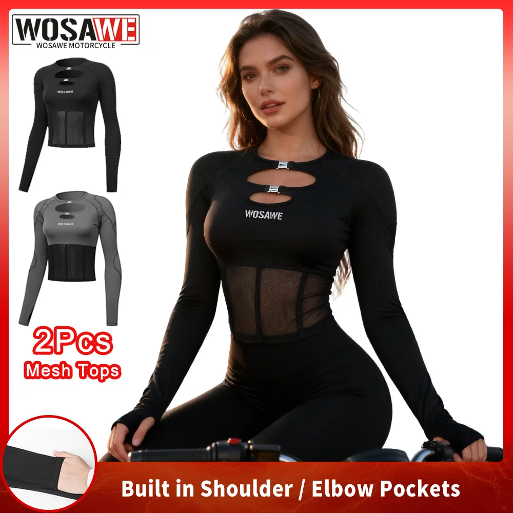 

WOSAWE 2PCS Women Motorcycle Jacket Summer Sexy Mesh Jackets Long Sleeve Crop Tops Slim Fit Breathable Yoga Motorbike Shirts