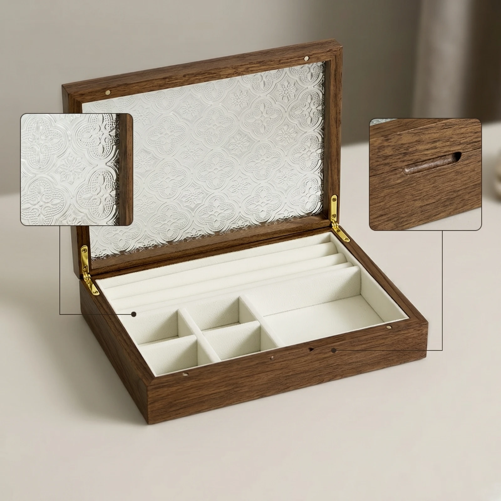 Jewelry Box with Window Rectangular Jewelry Box Sturdy Wood Grain for Women, Dresser, Vanity