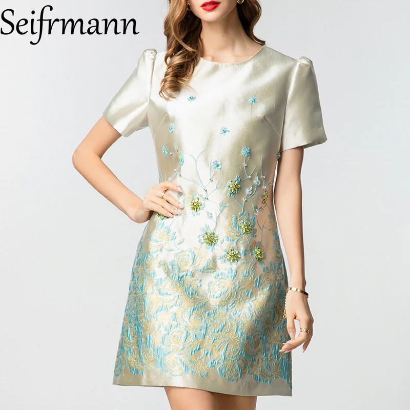 

Seifrmann женское новое летнее жаккардовое платье с круглым вырезом и короткими рукавами из бисера тонкие светло-зеленые мини-платья