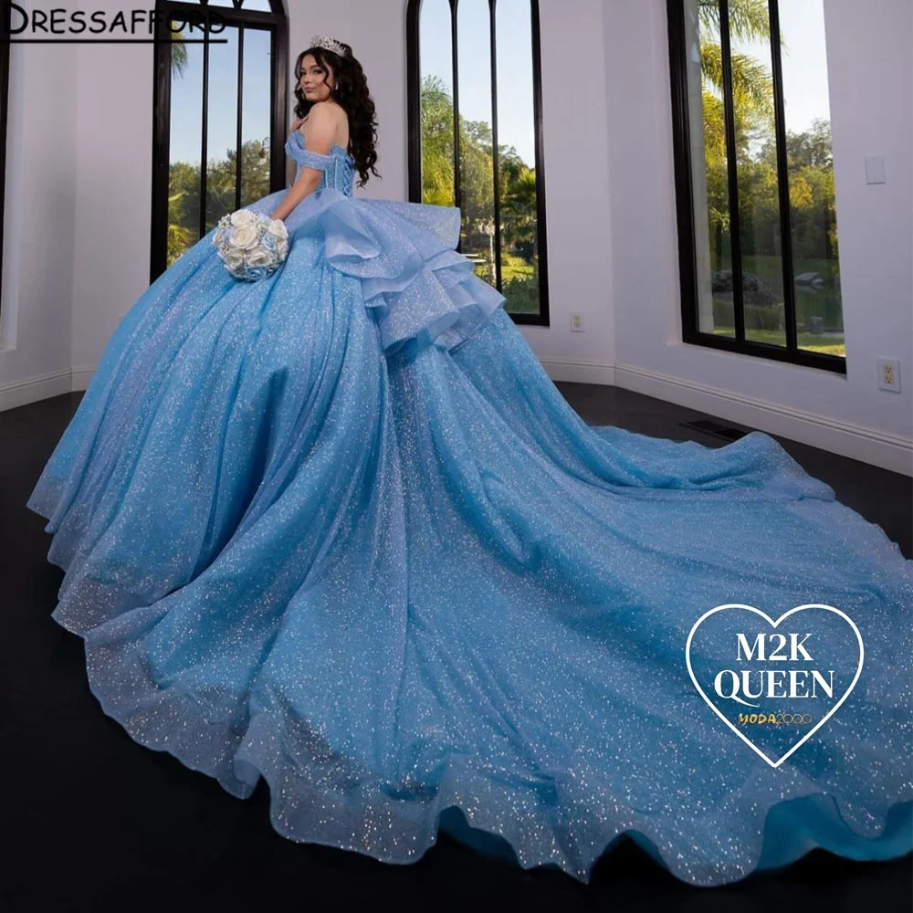 Light Sky Blue Off The Shoulder Quinceanera Dresses Ball Gowns Princess Beaded 3D Flowers Appliques Birthday Party