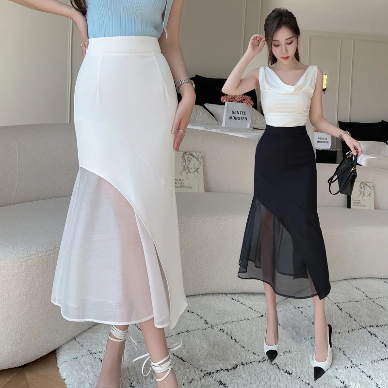 Korean Fashion Skirt Female Hip Wrap Skirt High Waist Lace Sexy Ruffle Long Skirt Sweet Black Skirt Elegant 2023 Women Clothing