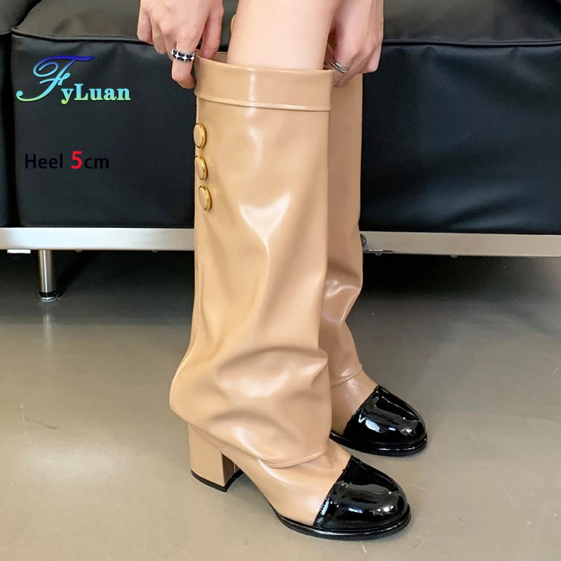 

Женские высокие сапоги с круглым носком на массивном каблуке 5 см, модная лоскутная женская обувь, дизайнерские высокие сапоги на пуговицах 2025 года для женщин, размер 34-39