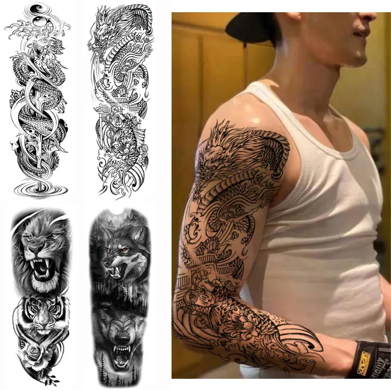 Full Arm Tattoo Wolf Large Sleeve Tattoo Stickers for Men Women Body Art Flower Totem Tribal Dragon Tattoo Temporary Waterproof