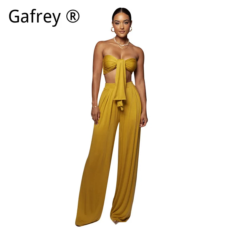 Women Sexy Solid Tie Front Bandeau Top Mid Rise Wide Leg Pants Set Fashion Casual Two Piece Summer Outfit
