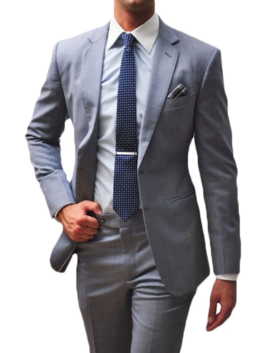 Light Grey Slim Fit Men\'s Two Pieces Suit Notch Lapel Jacket Pants Wedding Business Party Prom Tuxedos