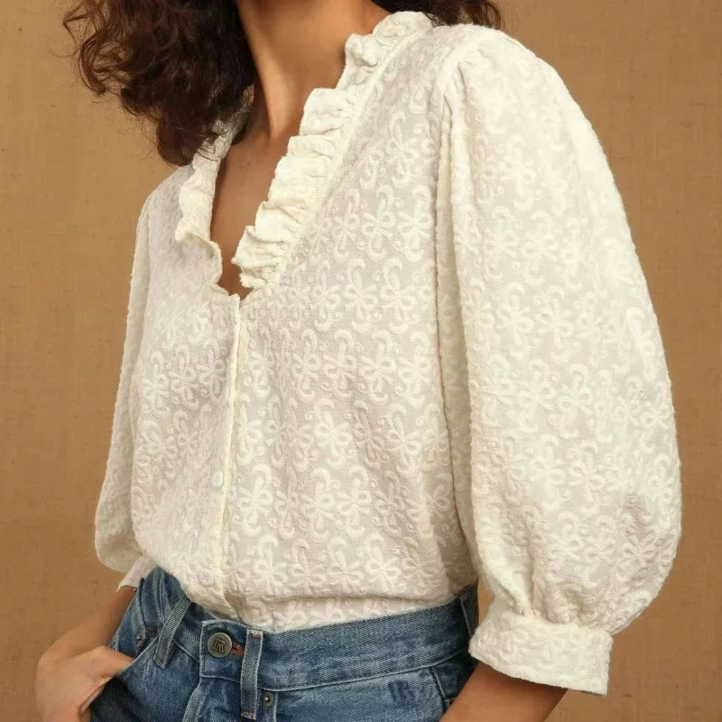 100% Cotton 2023 Spring and Summer Special Price Women Embroidered Ruffled V-neck Puff Sleeve Shirt