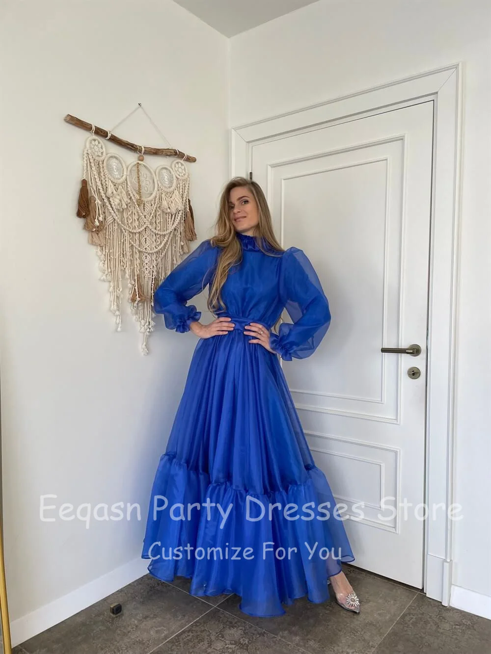 Royal Blue Organza Midi Prom Dresses Lined Long Puff Sleeves Evening Party Dress Modest High Neck Bridesmaid Gowns Customized