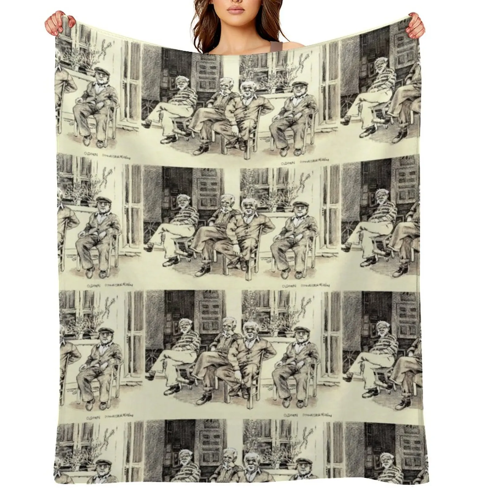 

Four Old Men Sitting Outside - Pen Drawing By Don Sylvester Throw Blanket for winter manga Camping halloween Blankets