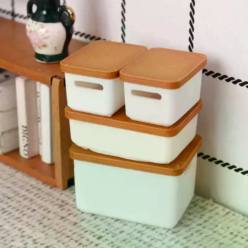 4 pçs mini caixa de armazenamento com capa 1/12 casa de bonecas em miniatura caixa de armazenamento de alimentos modelo casa de boneca acessórios brinquedo