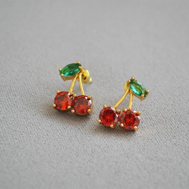 Cute Red Zircon Cherry Leaf Stud Earrings Women Piercing Jewelry For Fashion Crystal Dangle Party Prom Birthday Wedding Gifts