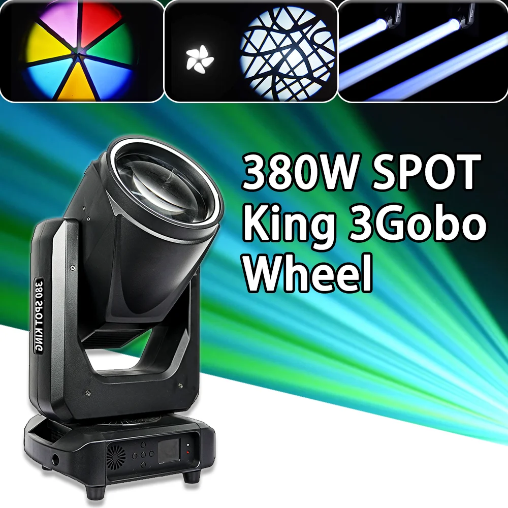 

380 Вт 20R Spot King Moving Head 3 пластины гобо со светодиодным кольцом и фокусом от мороза 8 + 16 + 24 призмы с эффектом DMX для DJ Disco Wedding Stage