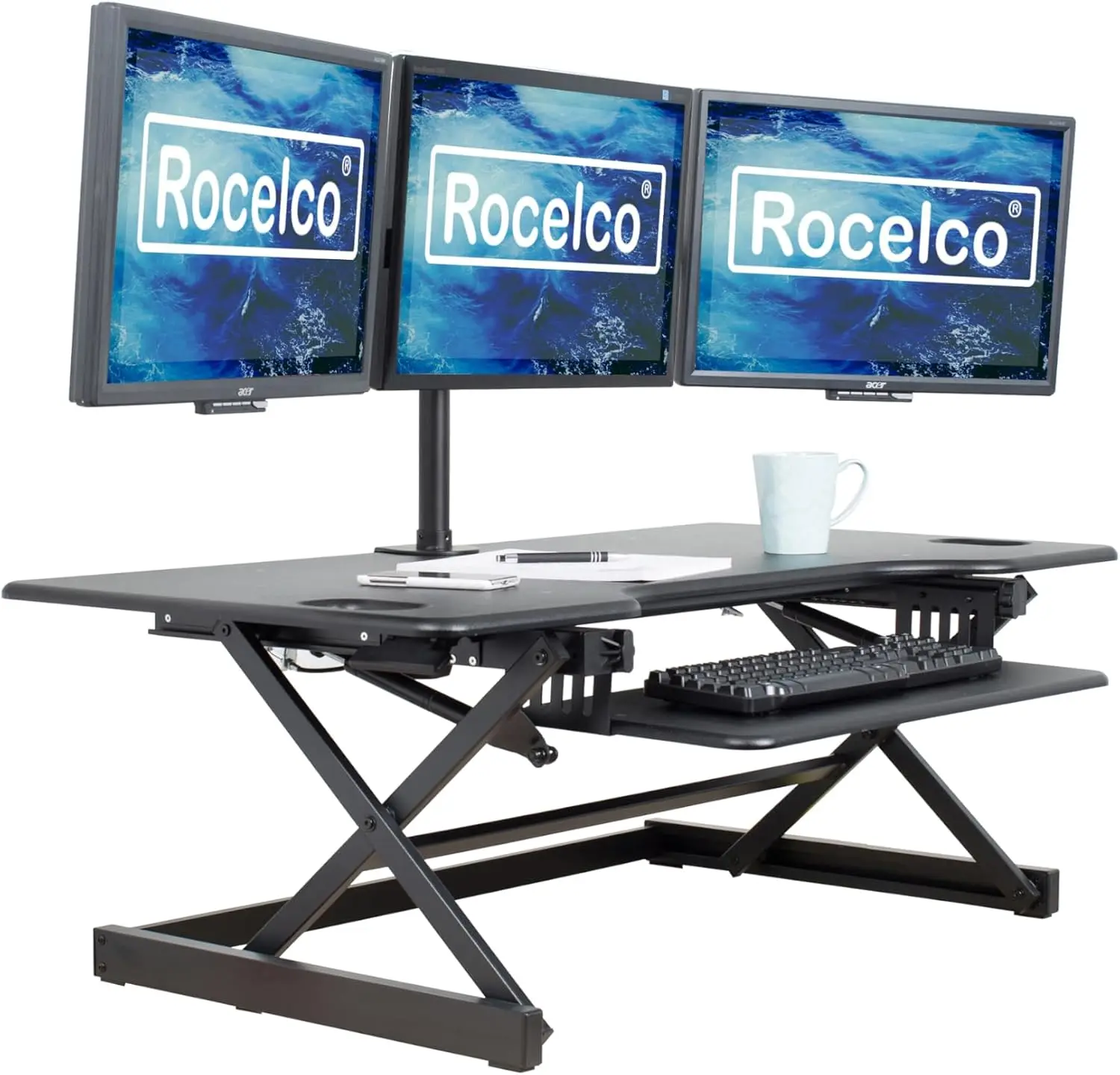 46 Inch Large Height Adjustable Standing Desk Converter Quick Sit Stand Up Triple Monitor Riser Tall Gas Spring Assist Computer