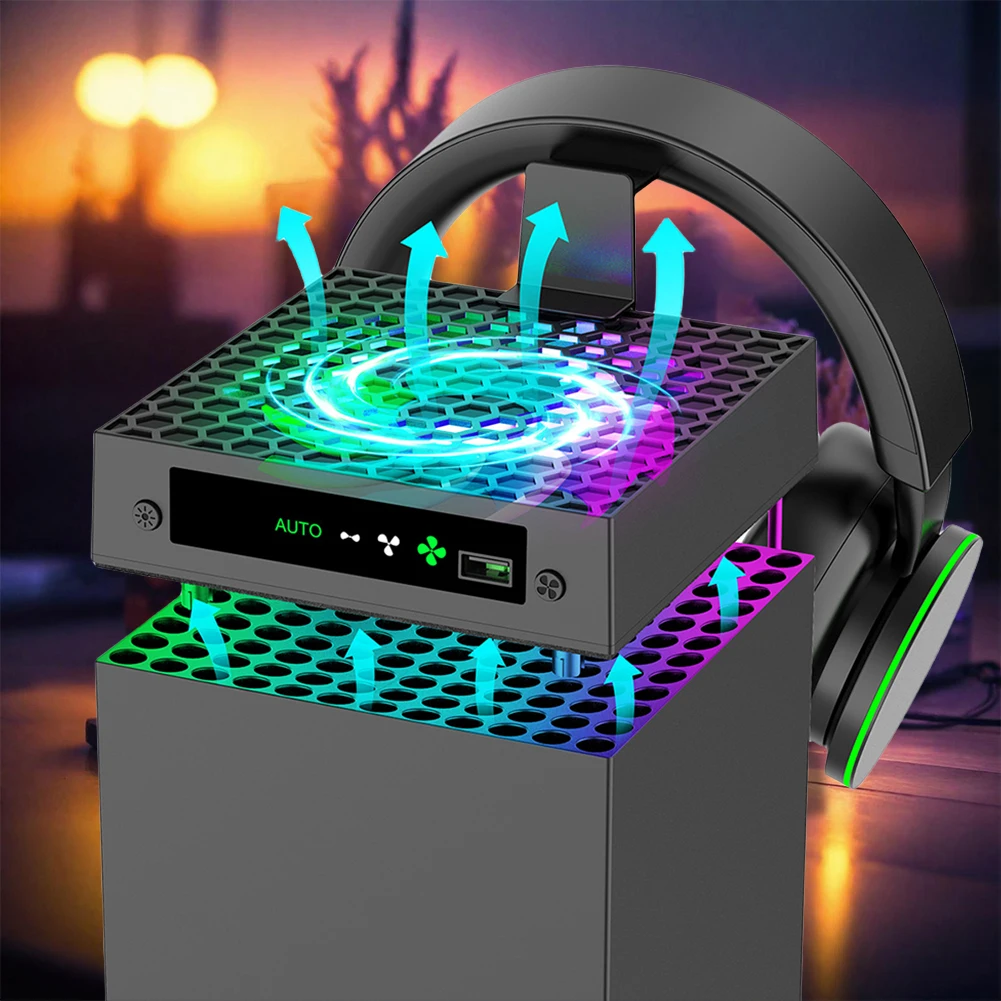 

RGB Cooling Fan 3 Levels Adjustable Speed Fan Cooling System with Headset Holders Heat Dissipation Fan for Xbox Series X Console