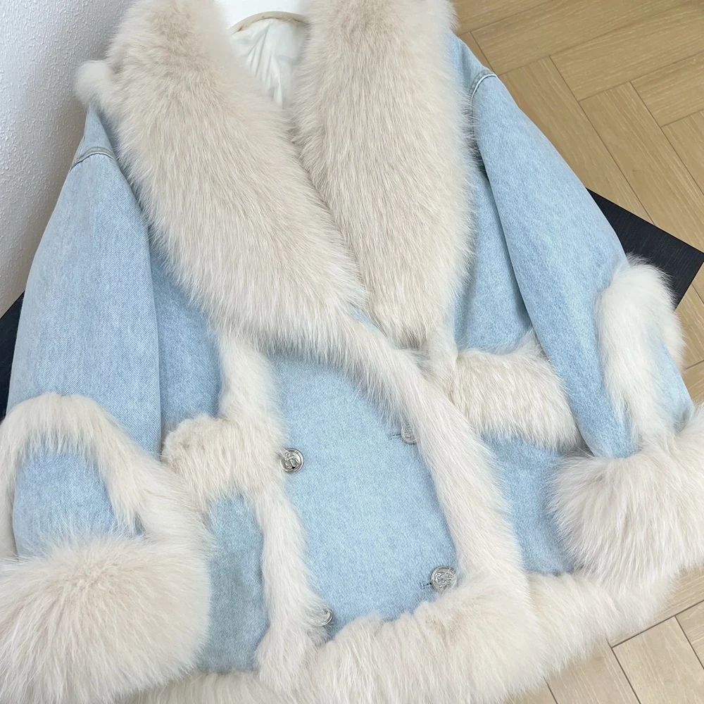 

2023 New Winter Women Real Fox Fur Collar Thick Coats White Goose Leather Down Warm Jacket Luxury Female Coat Streetwear