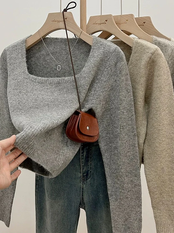Soft ort Svel Sweater Women's Autumn Winter New Sle Long Sve Square Collar Inner Wear Knitted Top Base irt