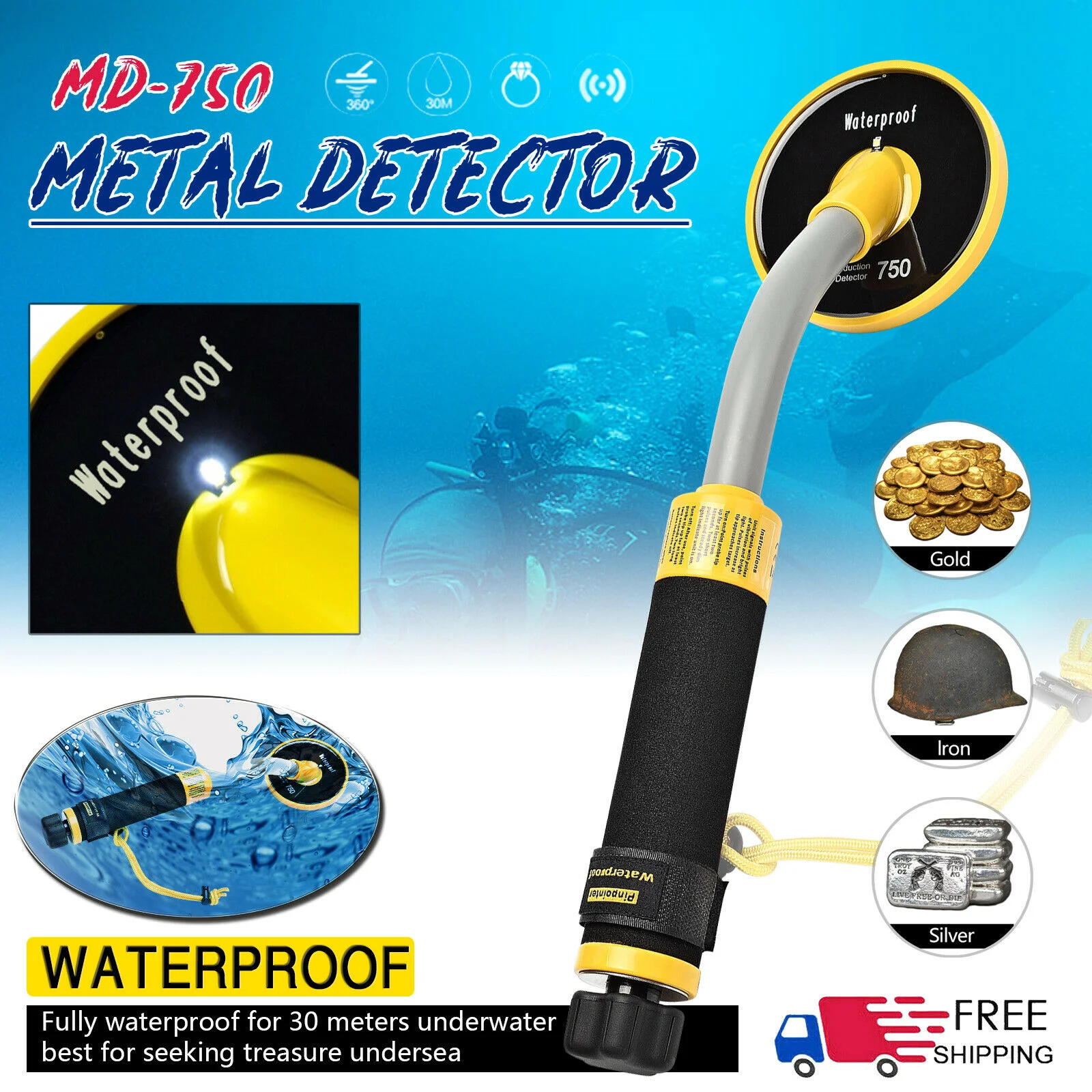 PI750 Fully Waterproof Metal Detector Gold Digger Kit 100feet/30m Underwater Diving Ocean Lake High Sensitivity Pulse Induction