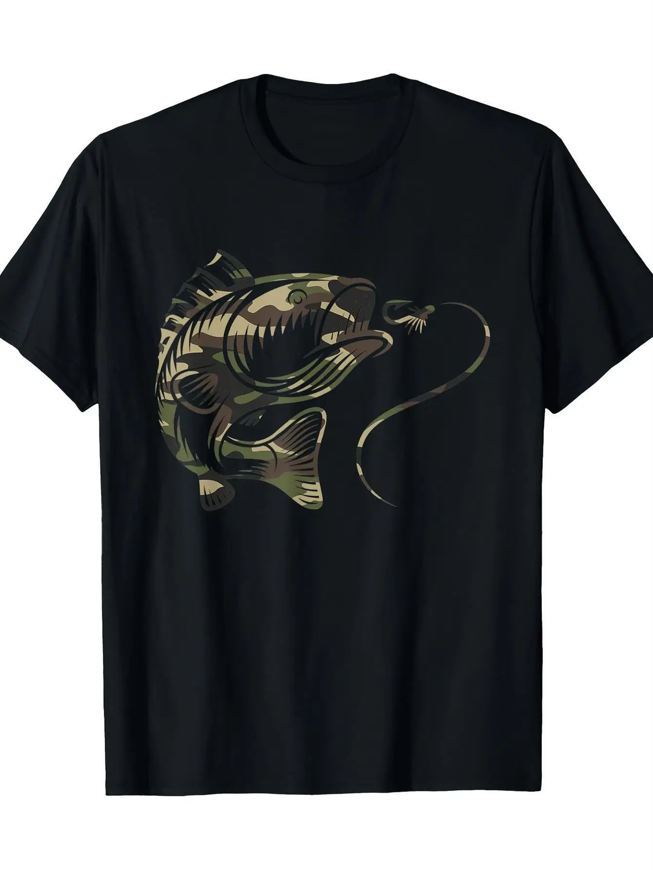 

Мужская камуфляжная футболка с рисунком для ловли окуня — 100% хлопок, реалистичный дизайн рыб, дышащая и прочная для рыбалок, активный отдых на свежем воздухе