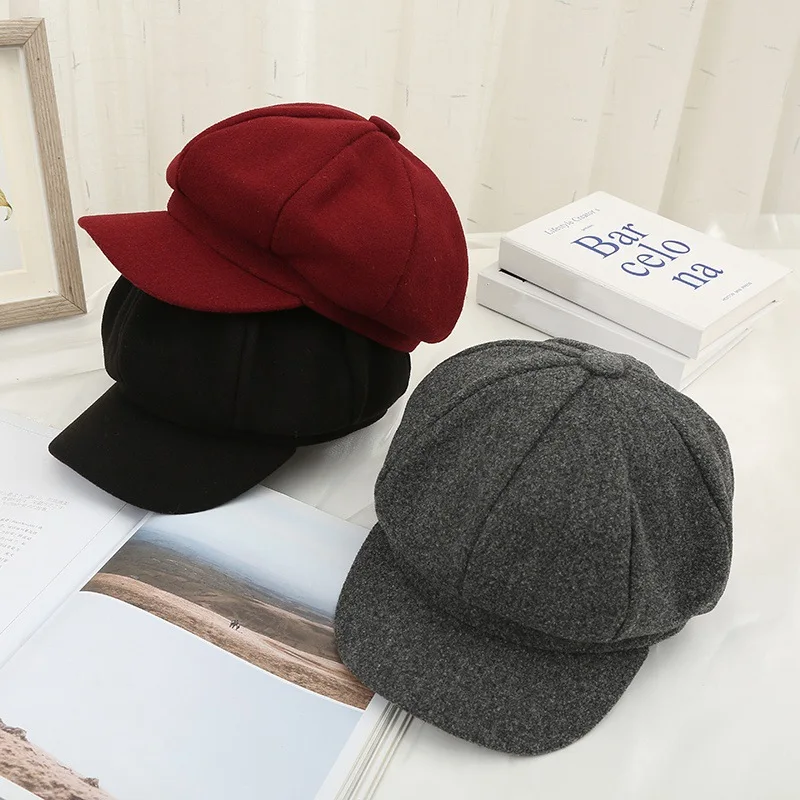 Achteckige Damenmütze für Herbst und Winter, bequeme und warme Mütze, modische Retro-Entenschnabelmütze, dekorative Baskenmütze