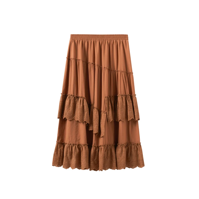 INMAN Women Skirt 2023 Spring Elastic Waist A-shaped Loose Layered Embroidery Flounces White Orange Cute Chic Mid-length Skirt