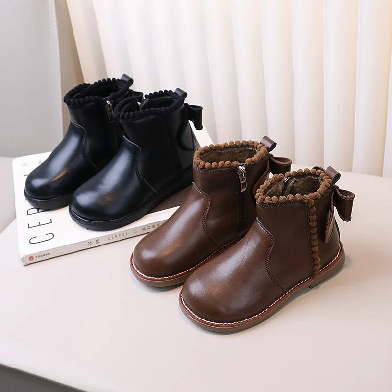 2024 Children Leather Plush Boots for Girls Winter New Fashion Korean Style Soft Bottom Anti-slippery Versatile Chic Zip Shoes