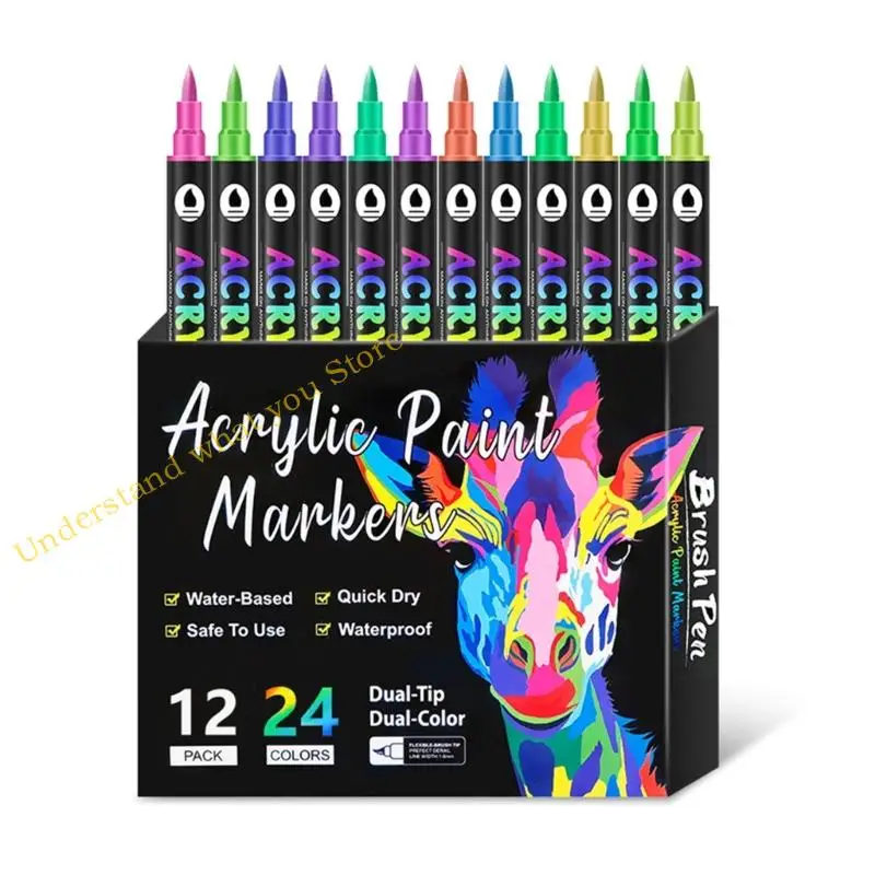 

J60A 12 шт., акриловая ручка, 24 цвета, двухсторонняя кисть, акриловый маркер для рисования на бумаге, камне, дереве, стекле,