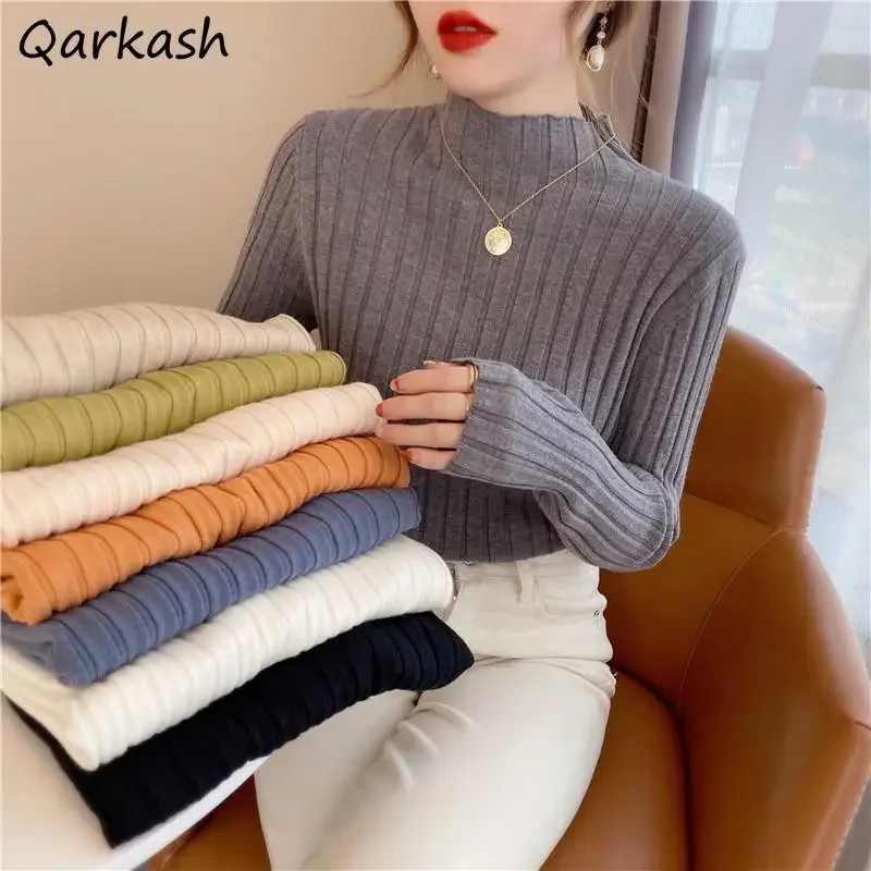 

Pullovers Women S-3XL Stylish Half High Collar Minimalist Chic Autumn Fit Hot Sale Aesthetic Elegant Sweaters Inside Knitted New
