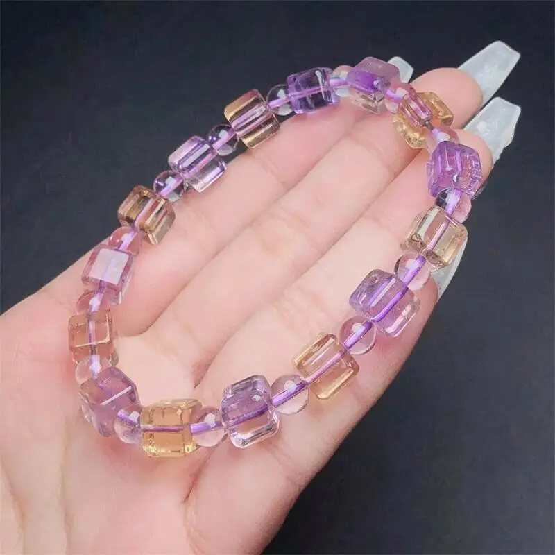 Natural Ametrine Cube Bracelet Fashion Reiki Gemstone Round Beads Jewelry Couple Holiday Gift 1PCS