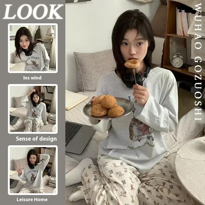 

Spring and Autumn New Ladies Cartoon Cute Bunny Print Long-Sleeved Pajamas Girls Students Homewear T-Shirt Long Pants Suit