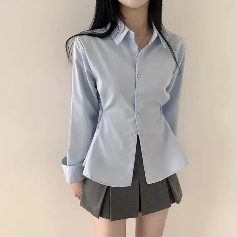 

Women Pleated Long Sleeve Shirts Spring Summer Turn-down Collar Slim Blouses Solid Color Female Elegant Single-breasted Tops