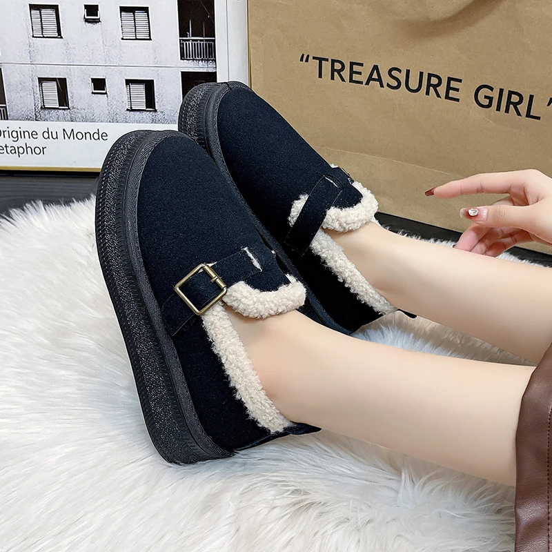 Inverno nuove donne tinta unita punta tonda fondo spesso antiscivolo confortevole peluche stivali da neve caldi stivali slip-on classici da donna