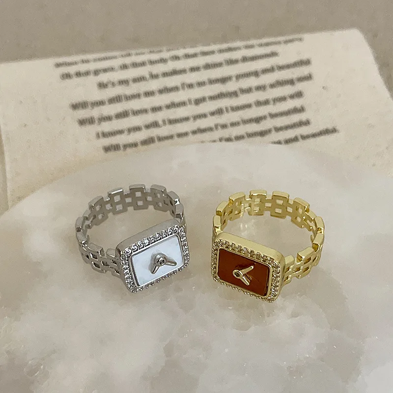 

Fashion Square Watch Zircon Chain Open Ring for Women Luxury Design Charm Clock-Shape Ring Romantic Love Anniversary Party Gifts