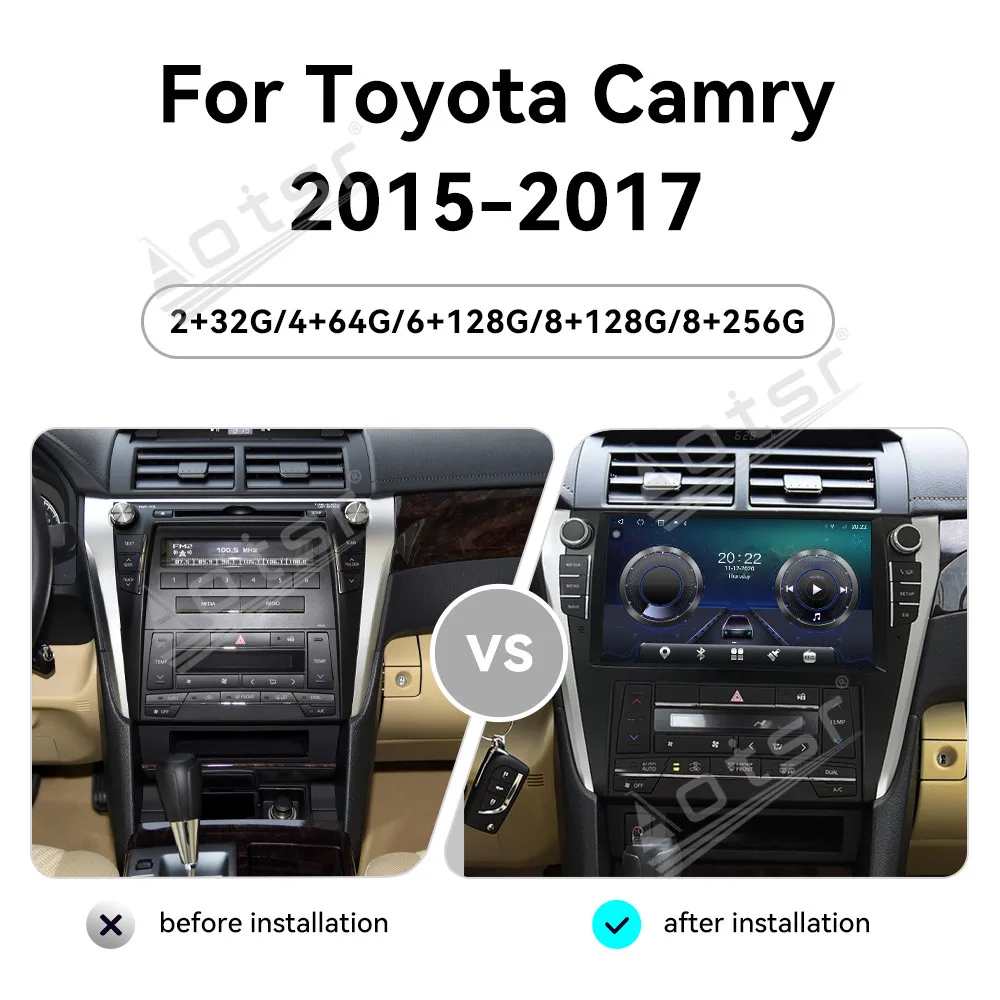 Aotsr 10.1 Inch CarPlay QLED Car Radio Android 14.0 For Toyota Camry 2015-2017 HD Screen GPS Navigation Stereo Multimedia Player