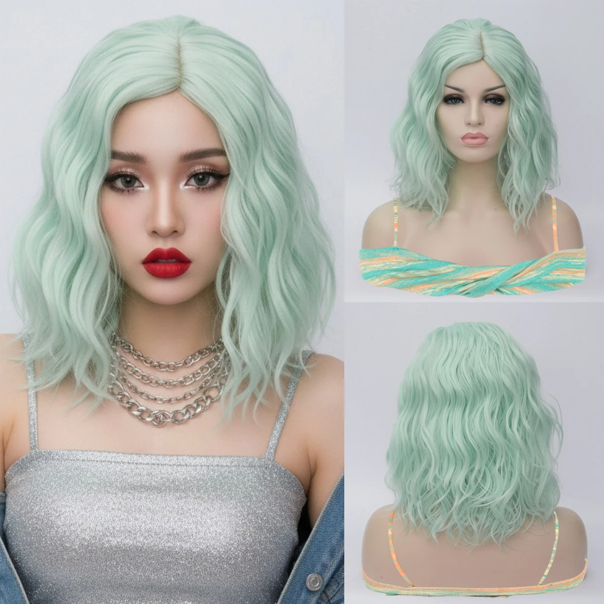 

VICWIG Short Synthetic Green Wigs for Women Curly Gradient Red Pink Wig Cosplay For Woman