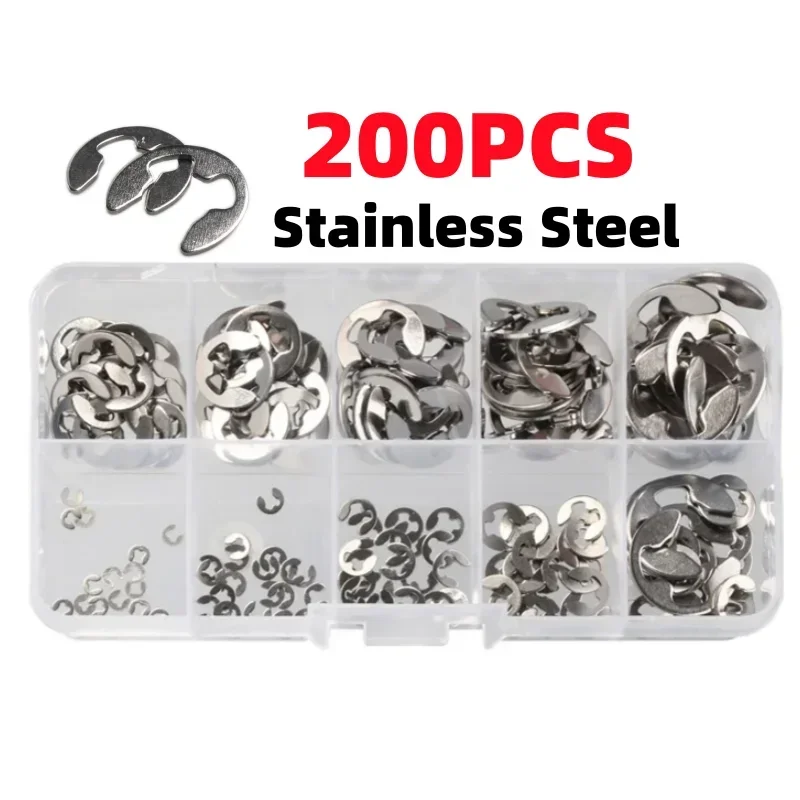 200-teiliges E-Clip-Set aus Edelstahl, 1,5–10 mm, Sicherungsscheiben für Wellen, Stifte, E-Typ-Sicherungsringe