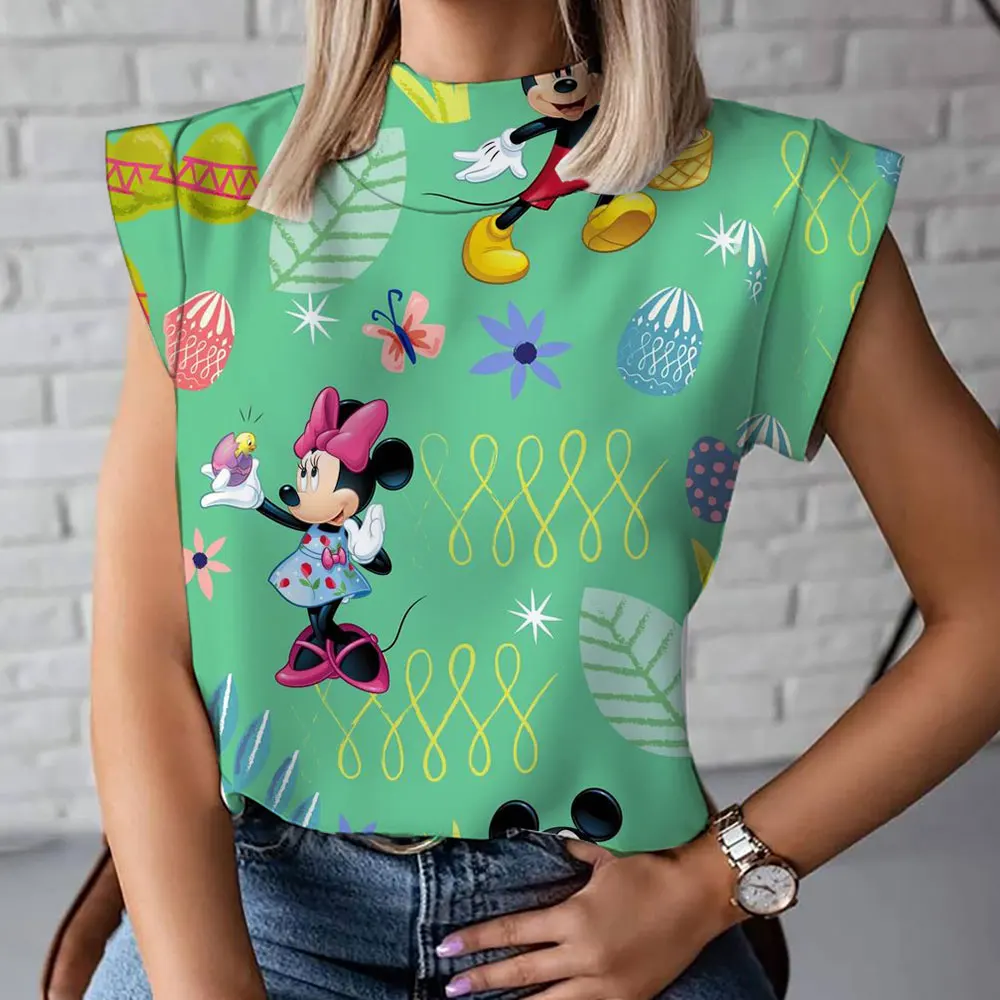 Dames Hoge Kraag T-Shirt Zomer Nieuwe Mickey Minnie Cartoon Casual Korte Mouw Modieuze En Comfortabele Dames Korte Mouw