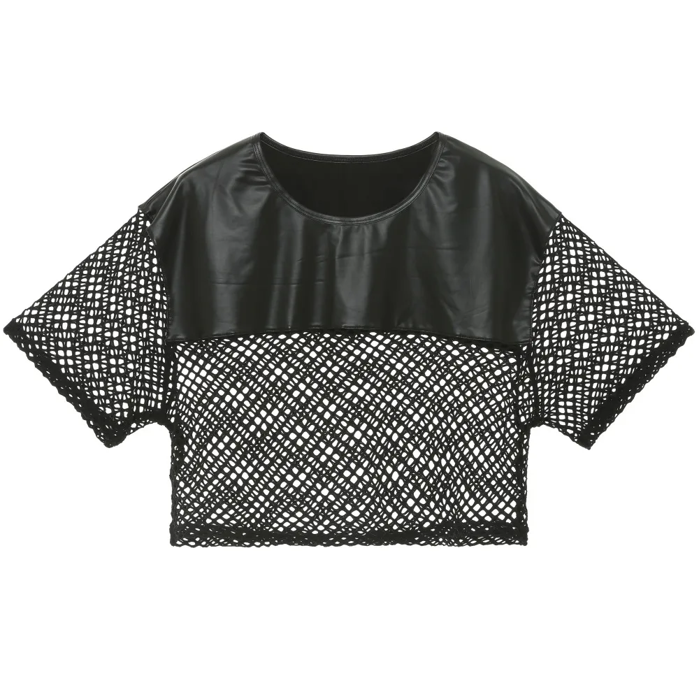 

Men's Splicing Faux Leather Mesh Undershirts Fashion Casual Breathable Fishnet Crop Tops Short Sleeve Tees See-through T-Shirts