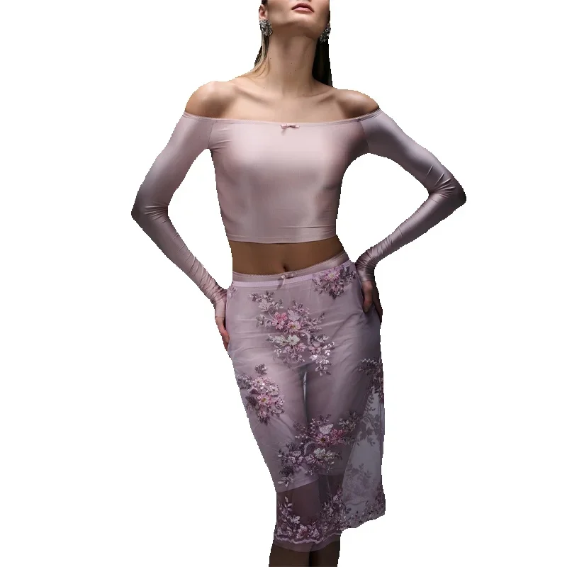 AliExpress Chin.Sweety Shinny Satin Riding Top Pant Skirt Sets For Women Bow Off Shoulder Crop Shirt Tight Cycling Short Embroidery Flare Mesh Skirt