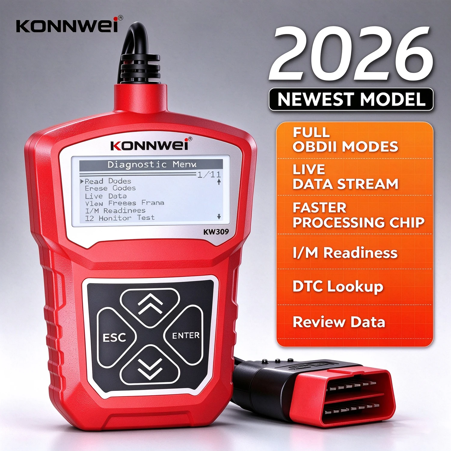 Konnwei Kw309 OBD2 Scanner Engine Fault Code Reader Mode 6 CAN Diagnostic Scan Tool for All OBDII Protocol Cars Since 1996