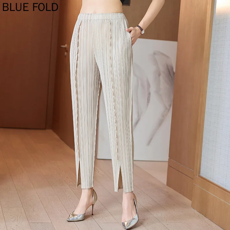 

MIYAKE-Women's Personalized Pleated Pencil Pants, Wavy Lace, Mid-length, Summer Fashion, PLEATS