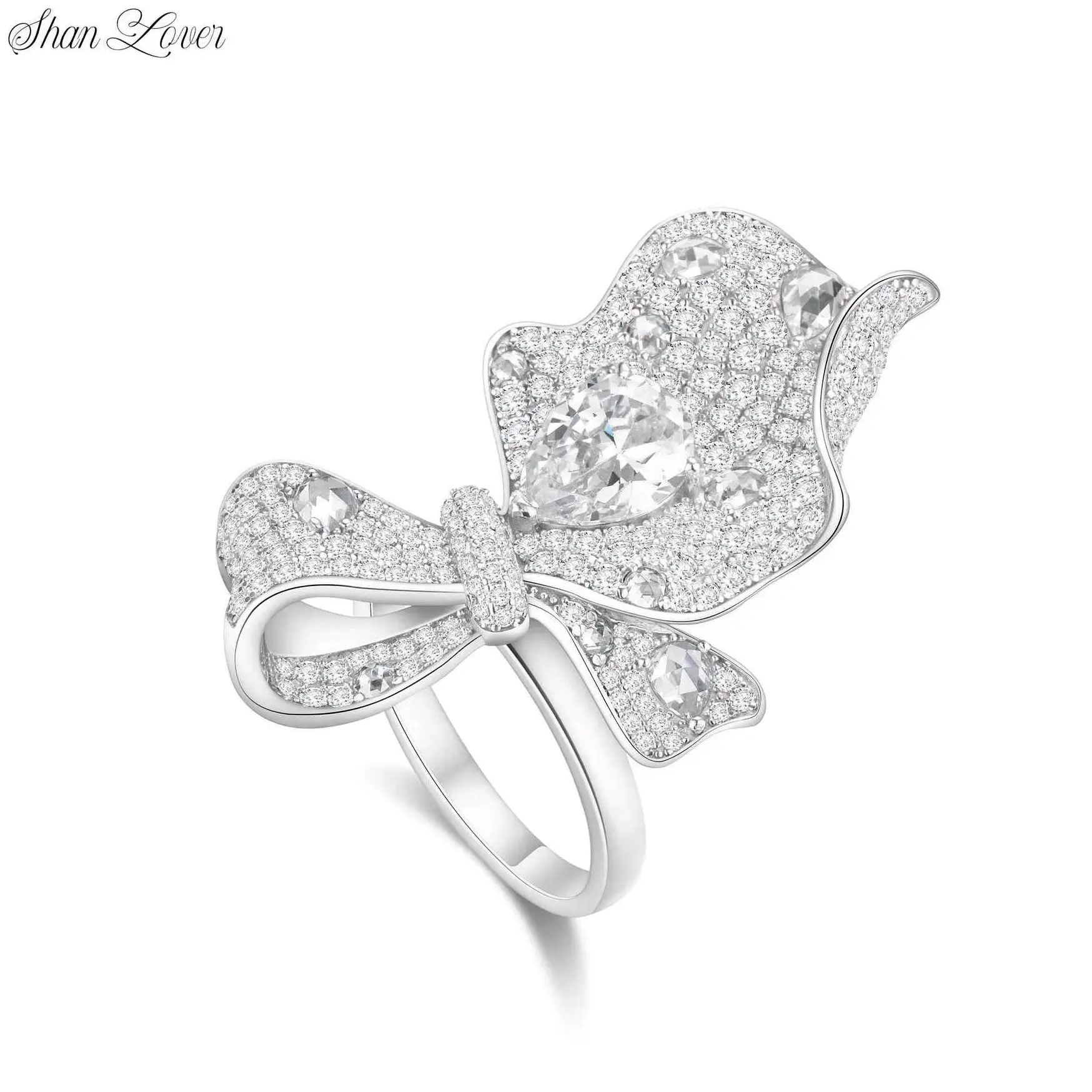 

ShanLover Brand 925 Silver Bowknot Ring Fashion Jewelry for Women Bow Flower Design Full Diamond Gemstones Rings Accessory