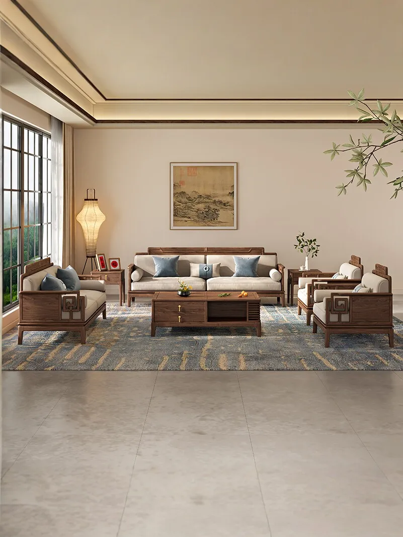 Black walnut new Chinese-style all-solid wood sofa combination modern living room zen villa aesthetic furniture