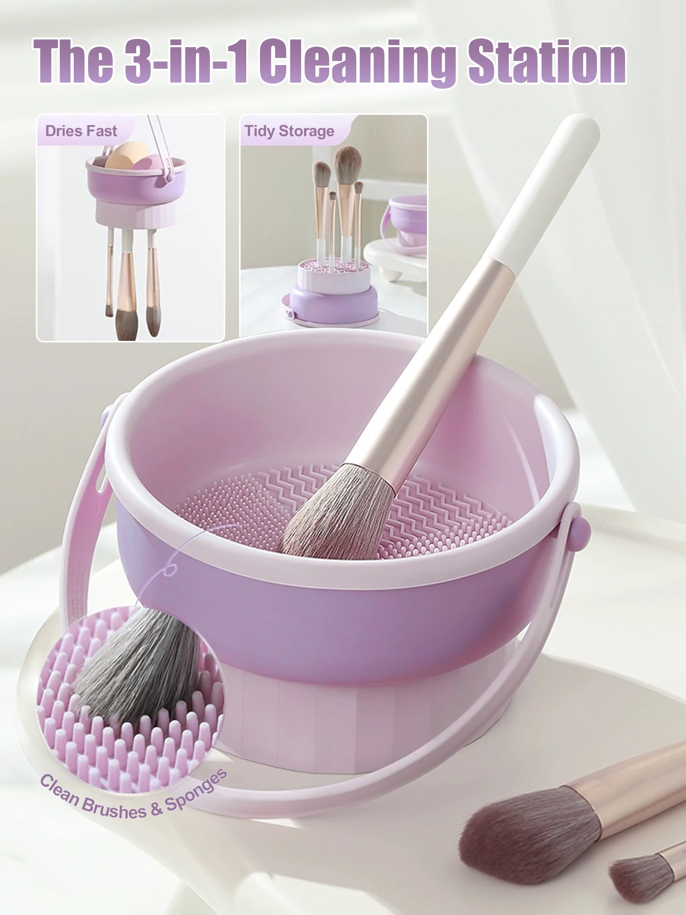 Makeup Brush Cleaner Bowl All-in-One Wash Dry & Storage Rack Gentle Non-Damage Cleaning Tool for Brushes Sponges & Blenders