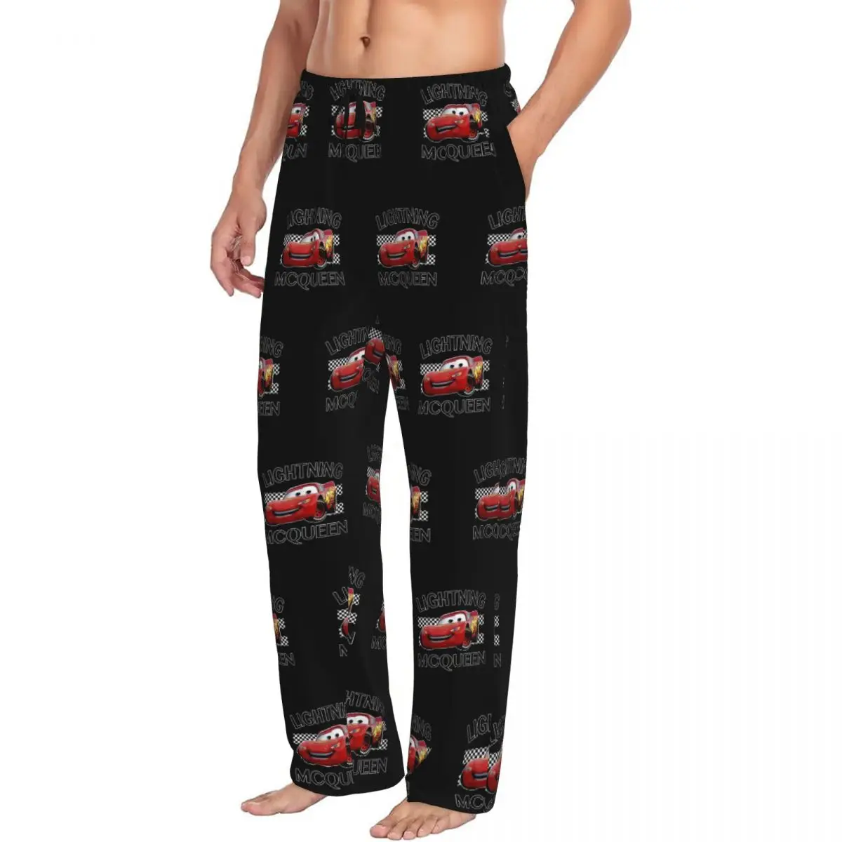 Pantalones de pijama Lightning McQueen con estampado personalizado para hombre, ropa de dormir de coches de dibujos animados, pantalones de salón para dormir con bolsillos