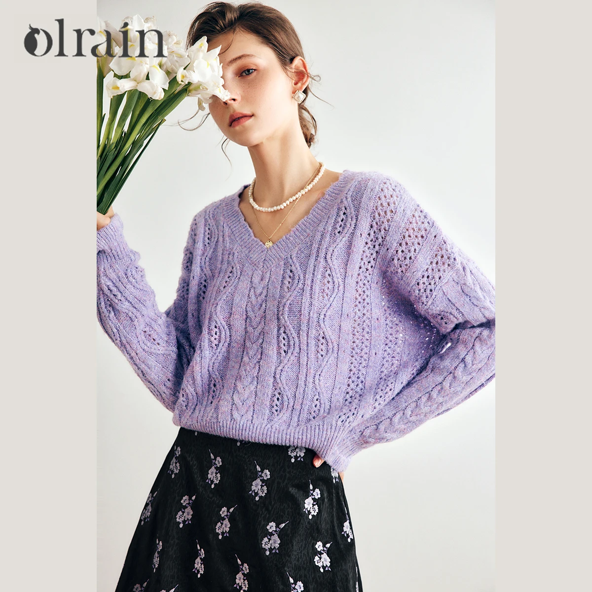 

OLrain Purple Knitted Sweater Women's Pullovers 2025 Early Autumn Knitwear V-neck Long Sleeve Tops for Woman Jumpers O22QM63601