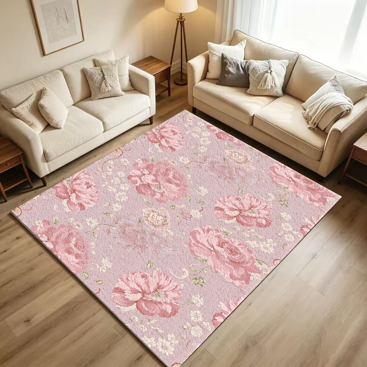 Soft Pink Vintage Peony Floral Carpet Flooring Romantic Pastel Flower Repeating Pattern Printed Floor Rug for Household Living Space Home Decoration