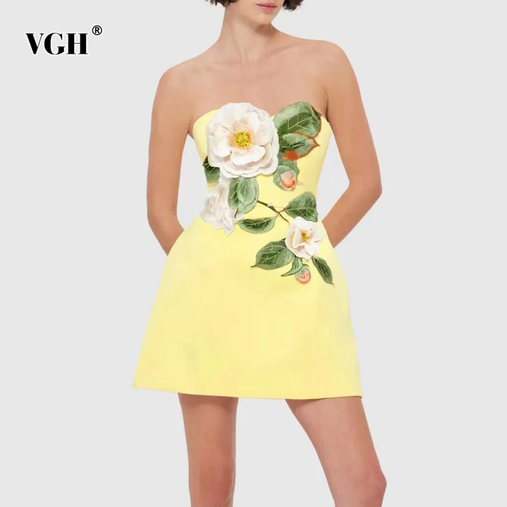 VGH Elegant Vintage Spliced Appliques Mini Dresses For Women Strapless Sleeveless Backless High Waist Cute Dress Female Style