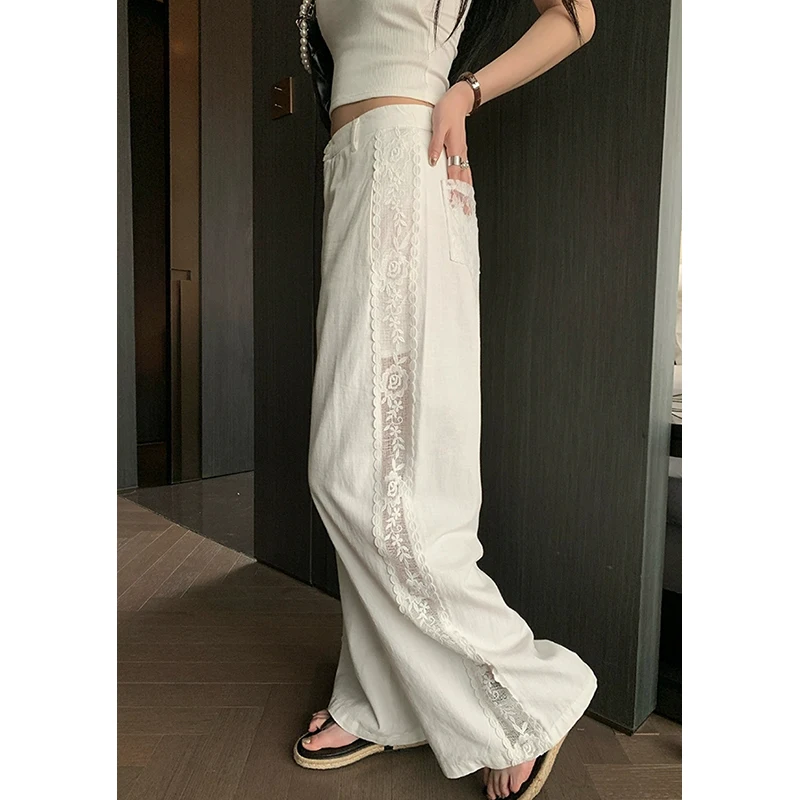 

PBAP женские широкие повседневные брюки с высокой талией и карманами, прозрачные кружевные лоскутные белые прямые брюки с цветочным принтом, летняя одежда для отдыха